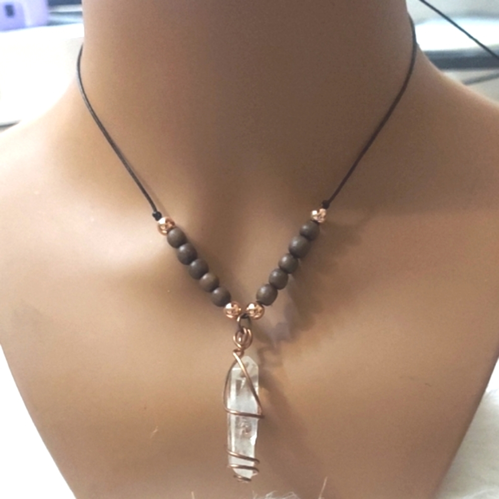 Crystal Quartz Coil Pendant w/ wood & Copper Beads Black Cord Choker Necklace